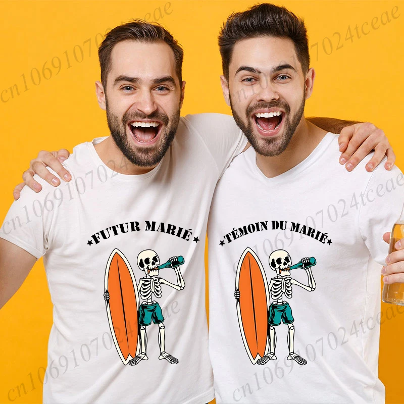 Fashion Skeleton Graphic Tees for French Man Single Farewell Bachelor Party T-shirt Wedding Evg Team Future Groom Squad Shirt