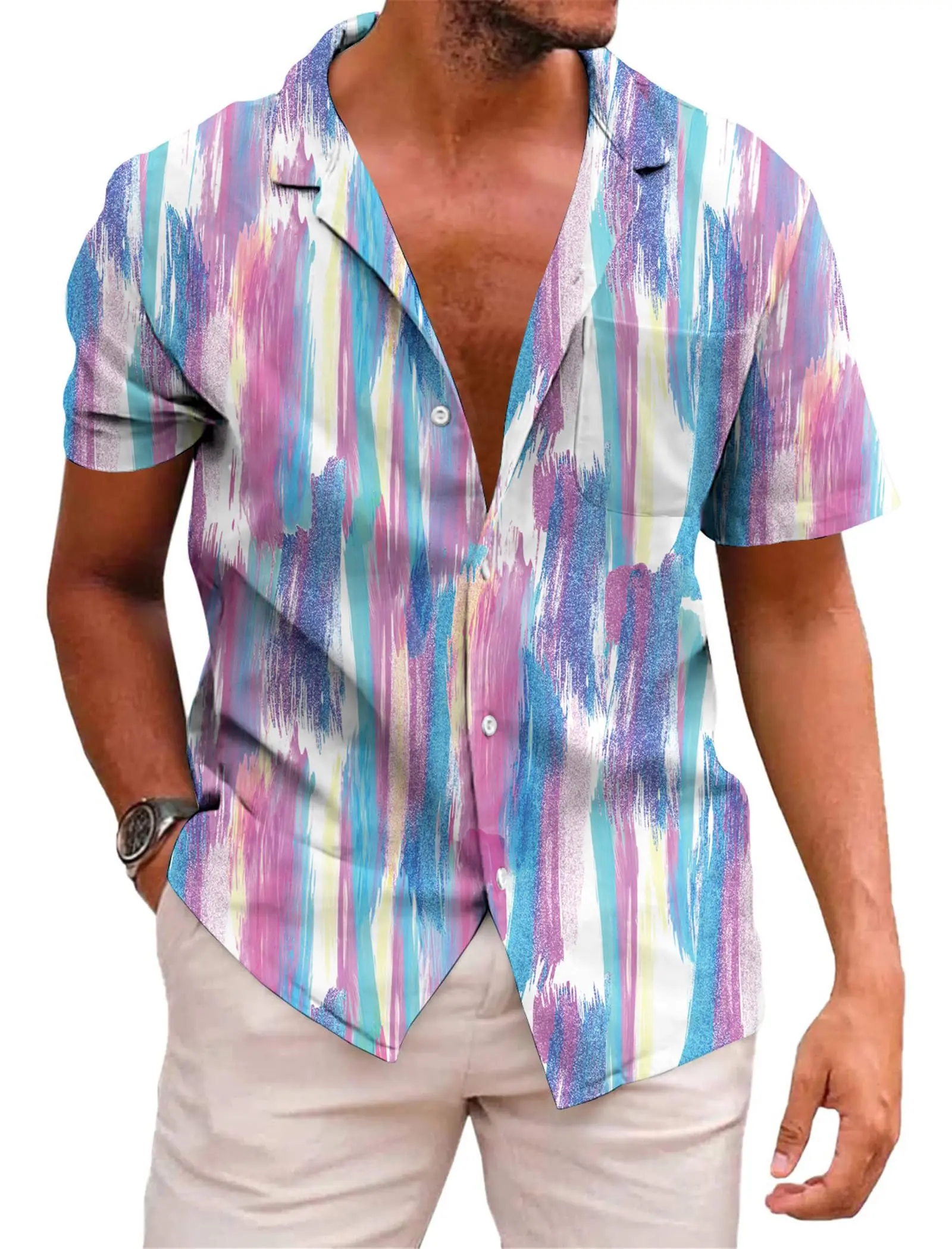 

KYKU Hawaiian Shirt for Men Short Sleeve Button Down Summer Clothing Vacation Beach Shirts Stripe with Pockets