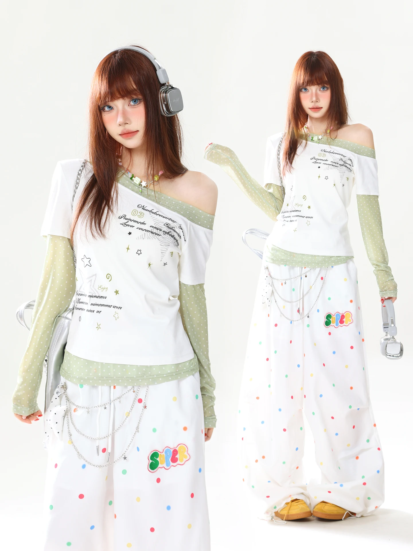 

Spring Summer New Sle Women's T-irt Fake Two-Piece Long Sve Polka Dot Design oulder Bared Star ort Top