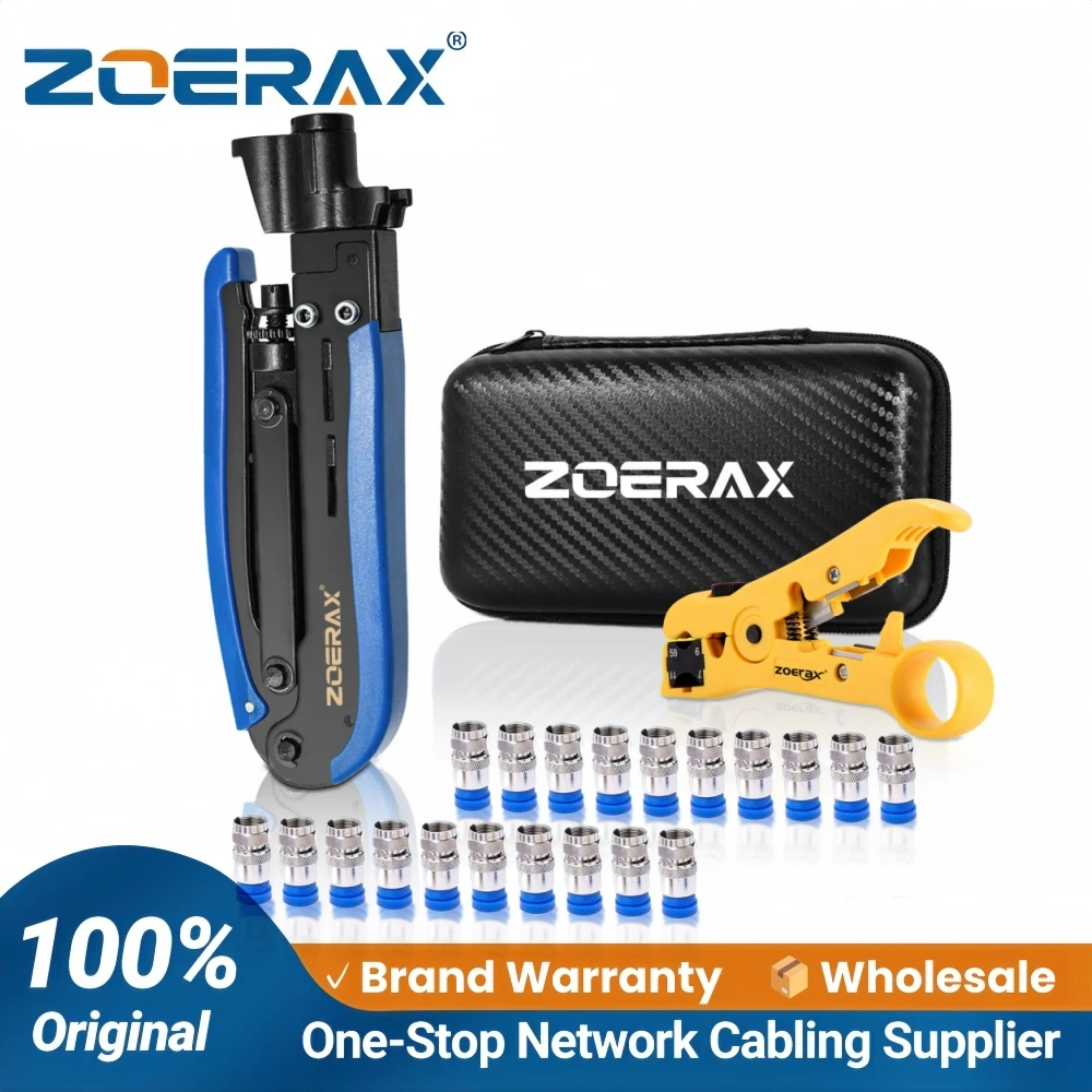 ZoeRax Coax Cable Crimper Tool Kit with Wire Stripper,20PCS F Connectors–Coax Compression Tool for RG6,RG59,RG11 Coaxial Cables