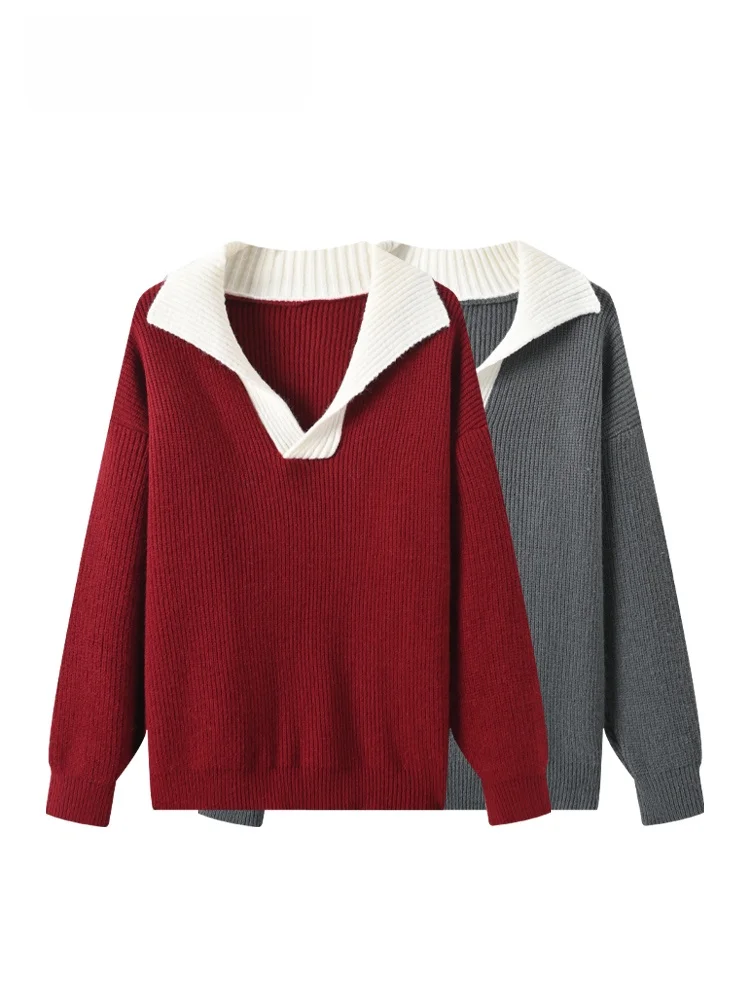 

Вязаный джемпер больших размеров с длинным рукавом и отложным воротником, женский, новинка ранней весны, с лоскутным узором, свободный крой, стройнящий эффект, для полных женщин