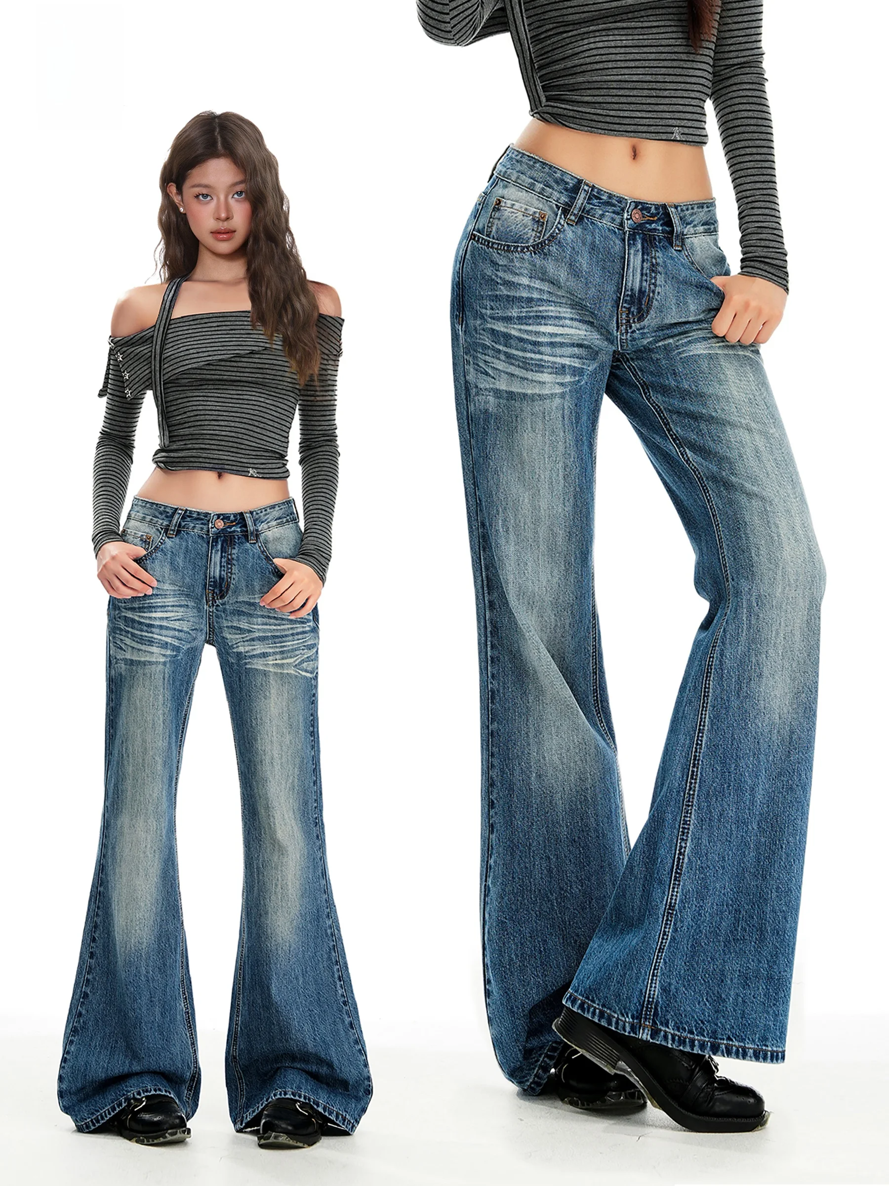 

Retro November Hot Girl High Waist Loose American Style Bell Bottom Jeans Women's Casual Pants Vintage Washed Denim
