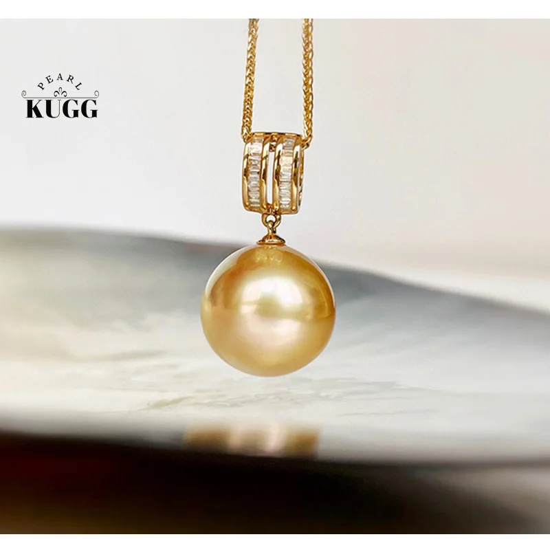 

KUGG PEARL 18K Yellow Gold Necklace 13-14mm Natural South Sea Gold Pearl Fashion Design Diamond Jewelry for Women for Women