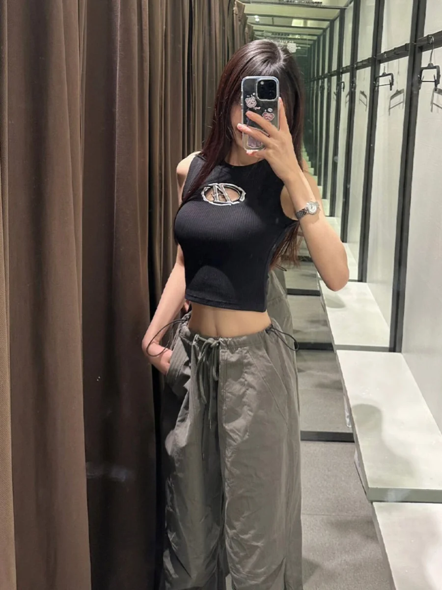 Calças de Trabalho Americanas Retrô para Mulheres, Largas, com Cordão, Cintura Baixa, Estilo Fino Primavera Verão 2024, Calça...