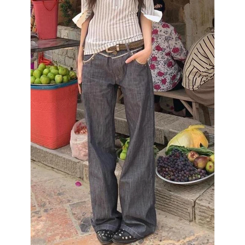 Y2K Blue Jeans for Women High Waist American Wide Leg Pants Vintage Straight Baggy Denim Trousers 2025 Autumn Oversize Pants