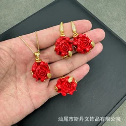 New national style peony flower three-piece set hand-carved high-end jewelry niche light luxury jewelry manufacturer supply