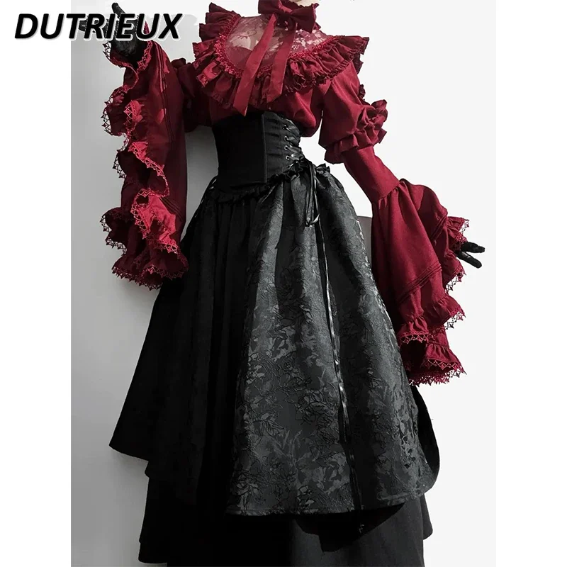 Halloween Costume Gothic Lolita Sweet Outfits High Waist Long Skirt and Long-sleeve Shirt Gorgeous and Elegant Two Piece Set