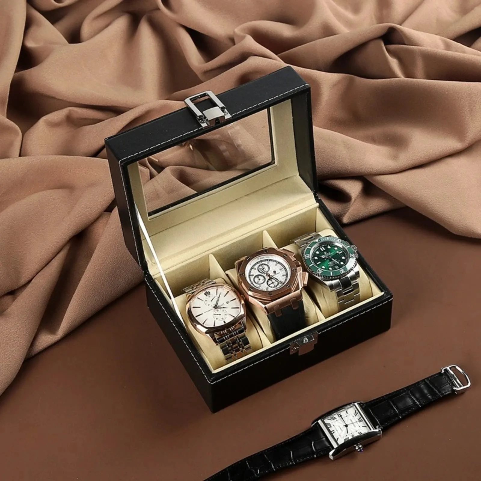 Luxury Black Watch Box, Lockable Watch Storage Case with Transparent Glass Top, Watch Holder Collector Gift for Watch Enthusiast