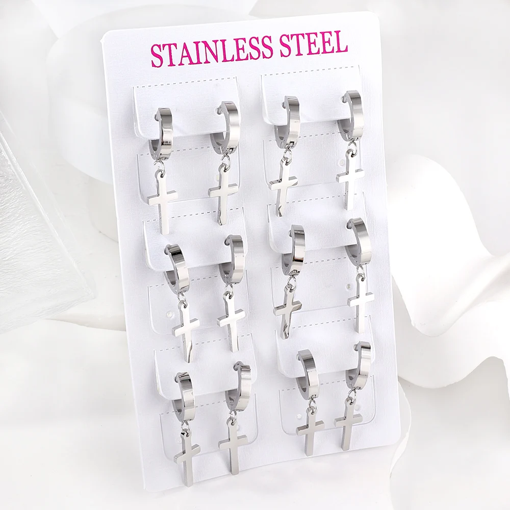 6 Paar Punk-Edelstahl-Kreuz-Tropfenohrringe für Damen und Herren, coole Teenager, Modeschmuck, Brinco, Geschenke, Accessoires, Großhandel – Detail 7