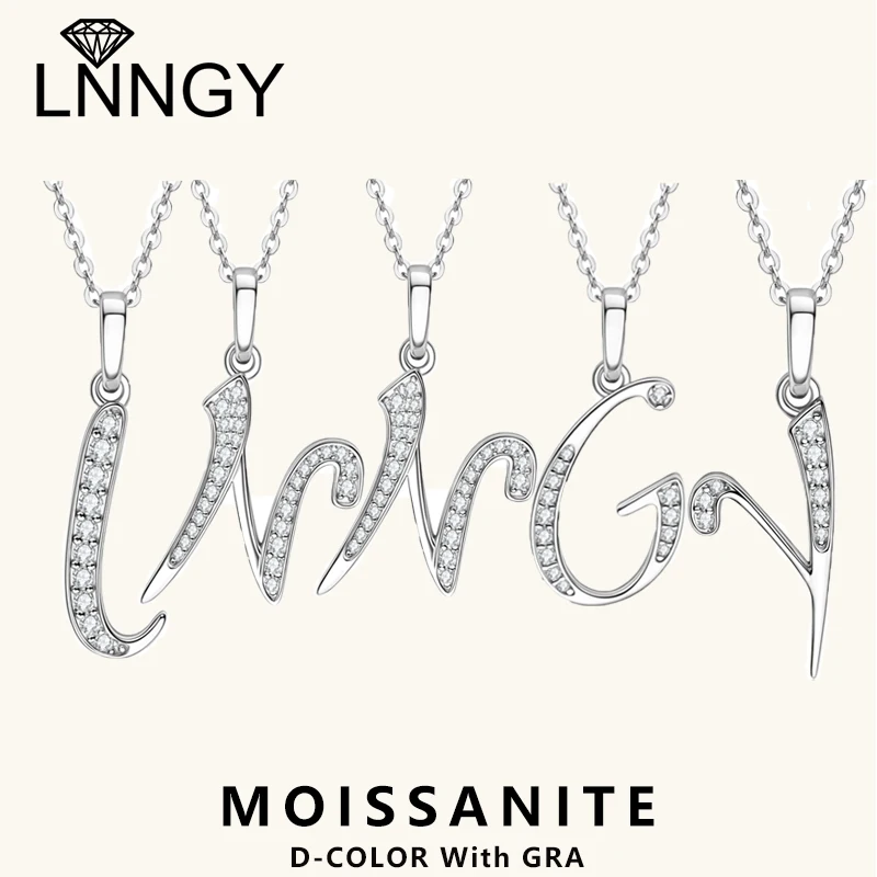 Lnngy Moissanite Necklace 925 Sterling Silver A-Z Alphabet Pendant Necklaces for Women Initial Letter Colar Prata 925 Jewelry