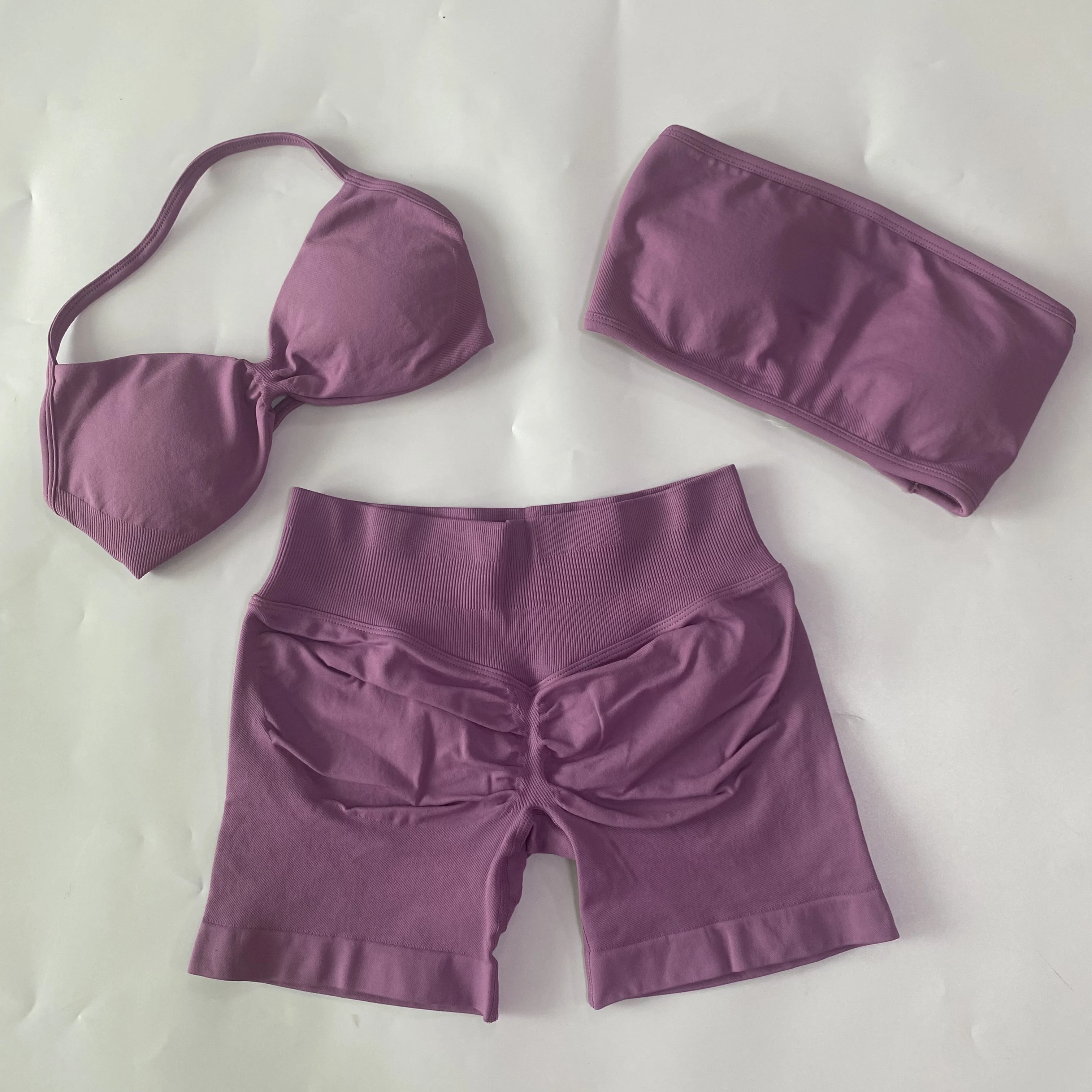 3-teiliges Workout-Set für Damen, rückenfreier Bandeau-Sport-BH mit Trägern, Scrunch-Shorts, Yoga-Kleidung, Sportbekleidung, Outfits, Gym-Set – Detail 14