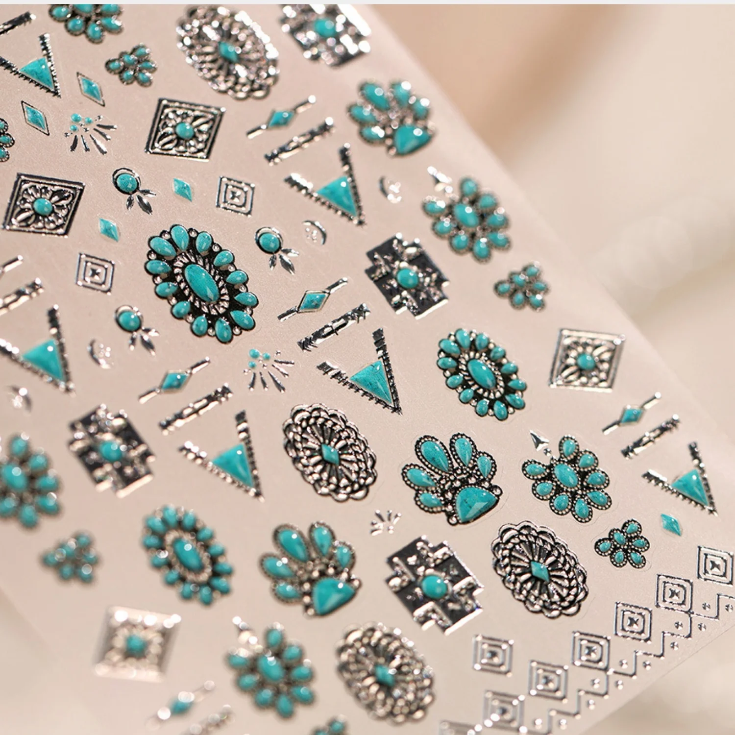 Cowgirl Retro 5D Nail Art Stickers Turquoise Geometric Metal Triangle Rhombus Tribal Motif Vintage Self Adhesive Decals Cowgirl