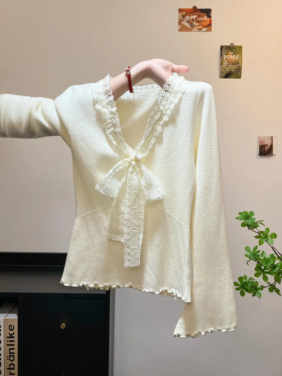 

Ele V-ne Knitted Base irt Women Spring Knot Lace Belted Inner Wear Can Outer Wear Top French Sle Slim Fit