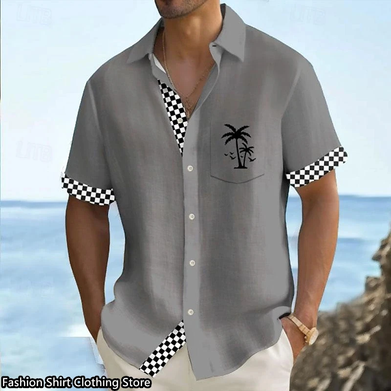 Fashion lapel men\'s shirt department buckle short -sleeved Hawaiian shirt simple European oversized 6xl loose style