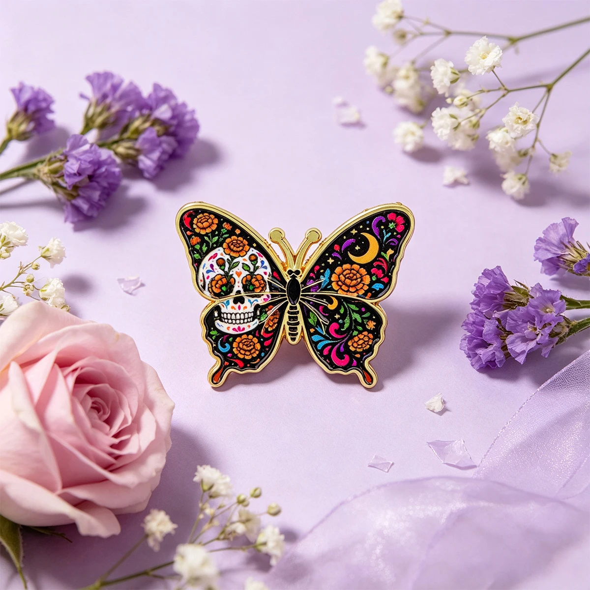 Skull Butterfly Enamel Pin Floral Moon Lapel Brooch Mexican Gothic Badge Accessories for Backpack Jacket Halloween Gift