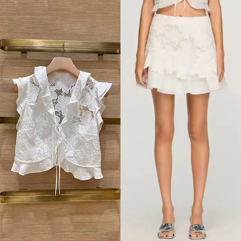 

Women Lace Flower Set V-Neck Lace Sleeveless Flounces Tops + High Waist Mini Skirt Elegant Fashion Suit