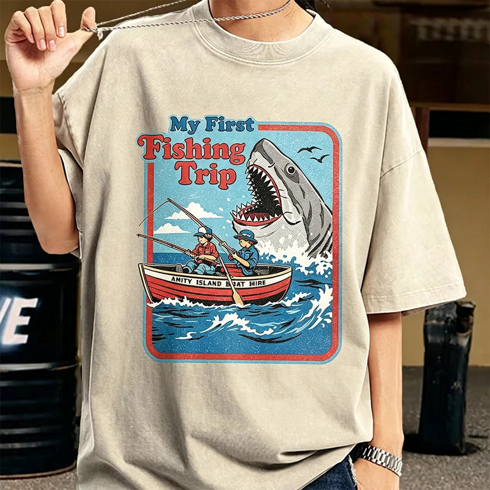 Women Vintage Wash Oversized T Shirt My First Fishing Trip Retro Shark Graphic Tee Round Neck Loose Short Sleeve Unisex Tops