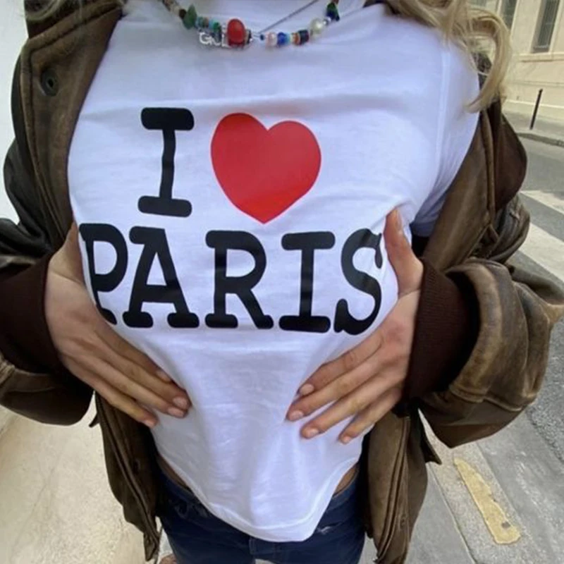 

I Love Paris Print Casual Hot Girl Exposed Navel All-match Baby Tee Summer Y2k Grunge Harajuku Goth Crop Tops T-shirt Streetwear