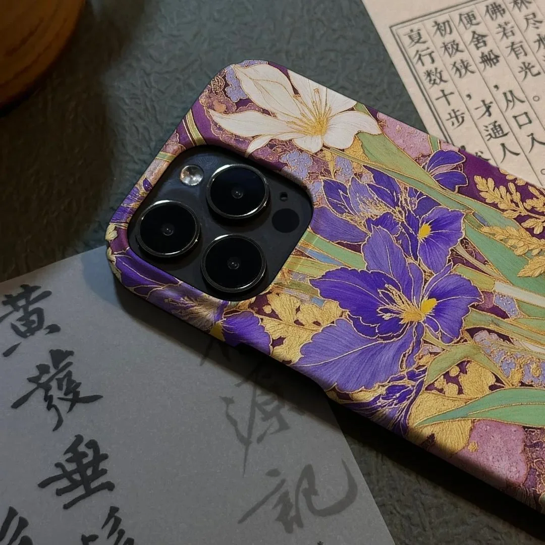 حافظة هاتف رائعة وأنيقة على شكل زهرة القزحية الأرجوانية ونمط فني لهاتف آيفون 16 15 14 11 12 13 Pro Max Plus #2