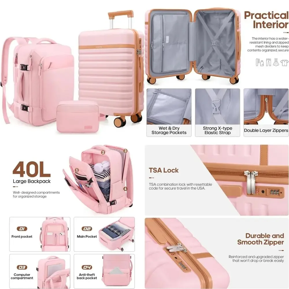 UKEIN Juegos de equipaje de 3 piezas, equipaje de mano de 20 pulgadas con ruedas giratorias, juego de maletas rígidas para PC con cerradura TSA, transporte duradero Su