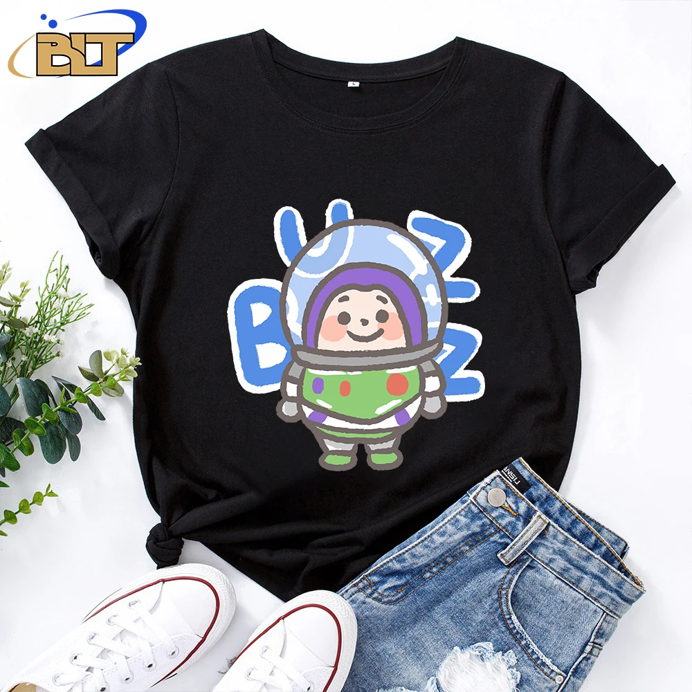 Toy Story Printed Women's T-Shirt Casual Tops Black Cotton Short Sleeves