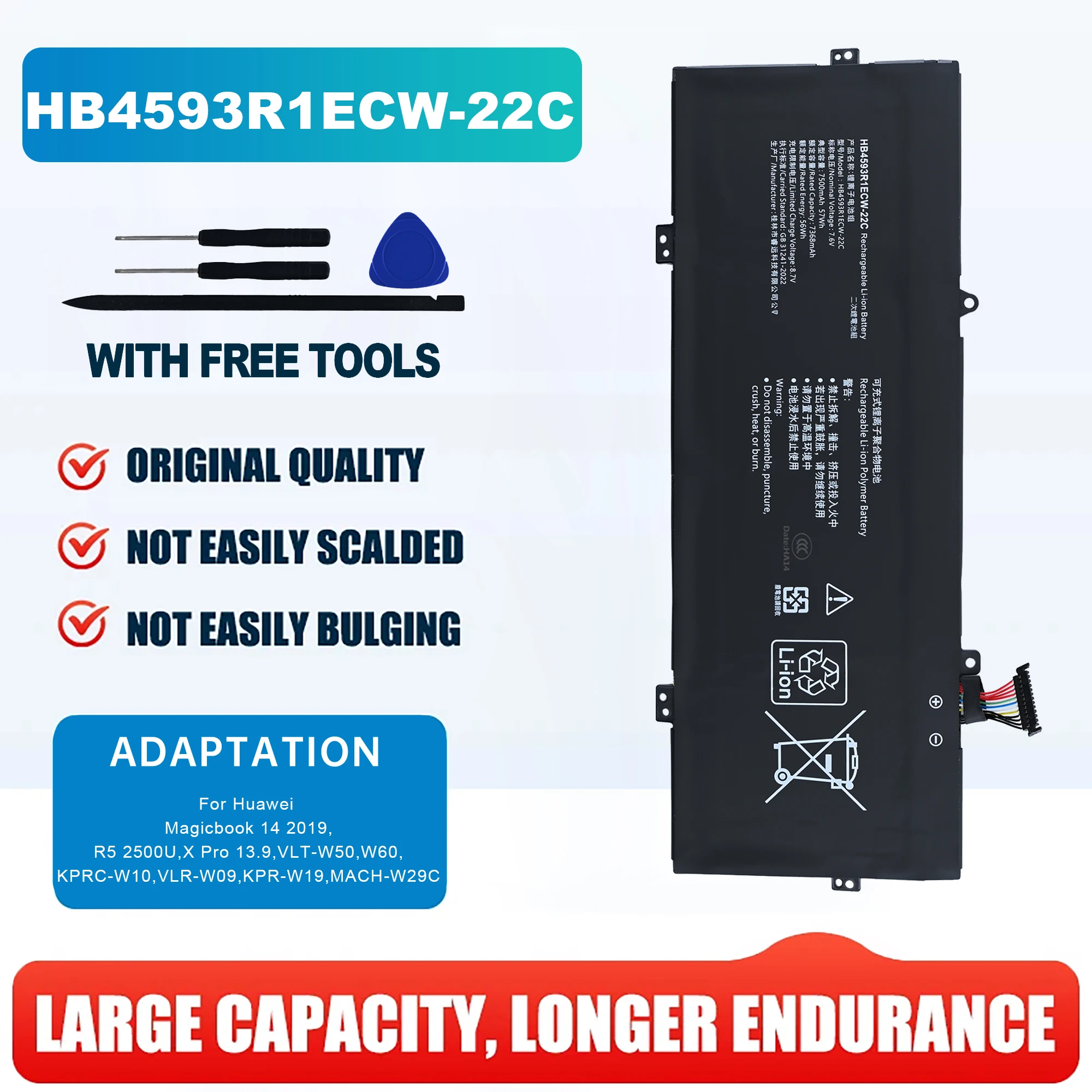 HB4593R1ECW-22C 7.64V 56Wh 7330mAh Genuine Original Laptop Battery For Huawei Magicbook 14 2019 R5 2500U X Pro 13.9 VLT-W50 W60
