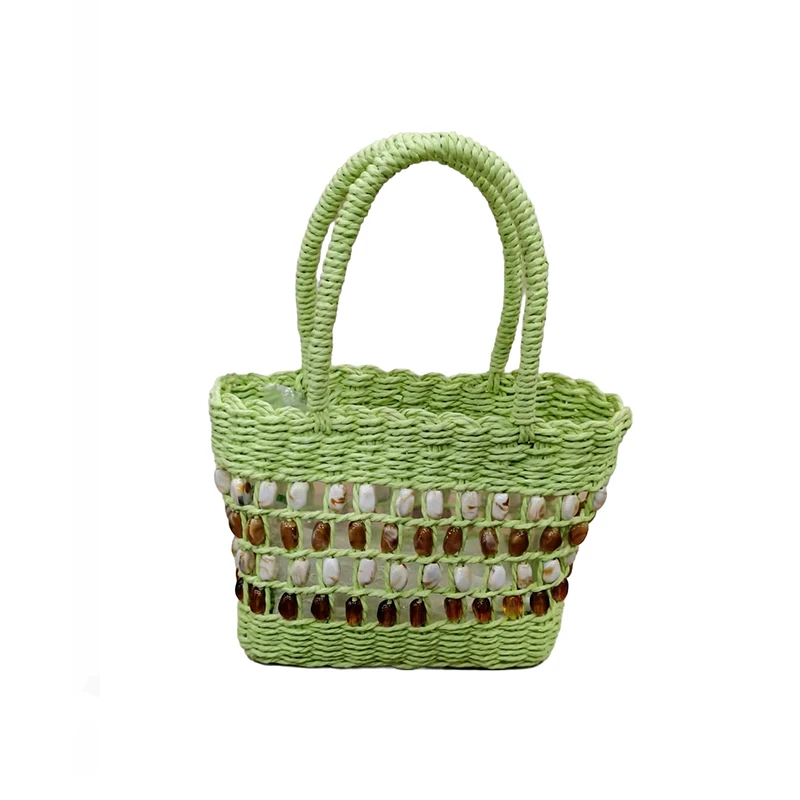 Beaded Straw Woven Hollow Handbag,Women Dopamine Colorblock Market Shopping Basket,Summer Vacation Boho Casual Chic Tote Bag