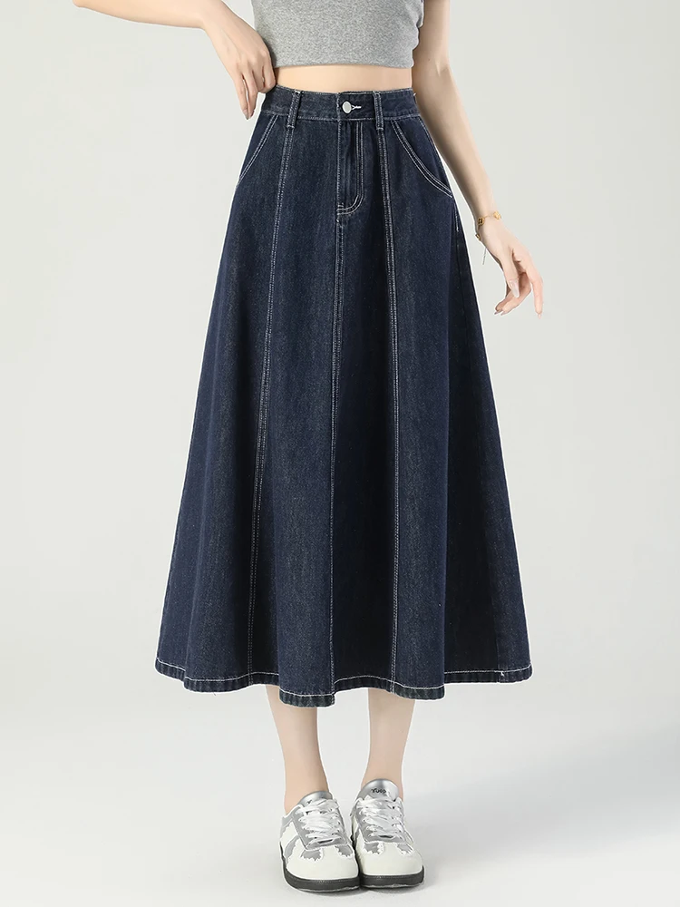 

GUUZYUVIZ Deep Blue High Waist Vintage A-line Denim Midi Skirts Women Korean Fashion Casual Splice Wash Jeans Skirt Female