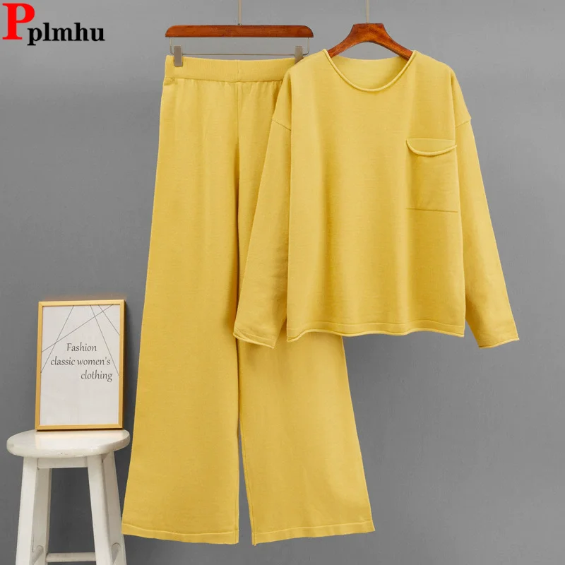 Design coreano nova malha 2 peça define feminino o-pescoço malha solta camisola pulôver topos conjuntos de cintura alta calças retas outfit