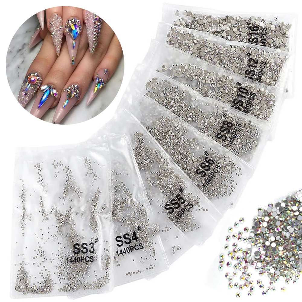 SS3-SS20 1440pcs Crystal Nail Art Rhinestones Clear AB 3D Nail Diamonds Non HotFix FlatBack Nail Gems Stones And Decorations