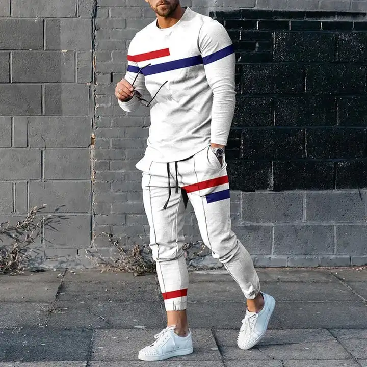 Sweatshirt Suit Men\'s Striped 3D Printed Simple All-in-one Sweatshirt Suit Spring Autumn Jogging Roundneck Sweatshirt Sets