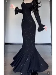 Formal Women Elegant Party Dresses Square Neck Long Bell Sleeve Shiny Sparkling Black Dress