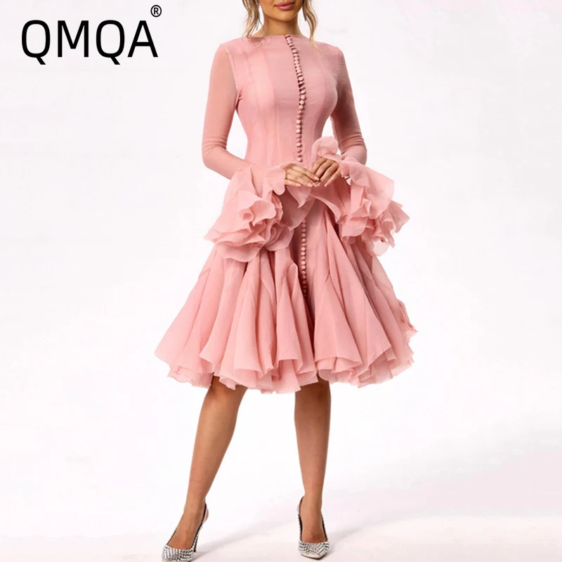 QMQA Fashion Women's Irregular Wrinkle Patch Work Dresses Lantern Sleeve Waist Big Swing Mini Dress 2025 Female New Clothes QM69