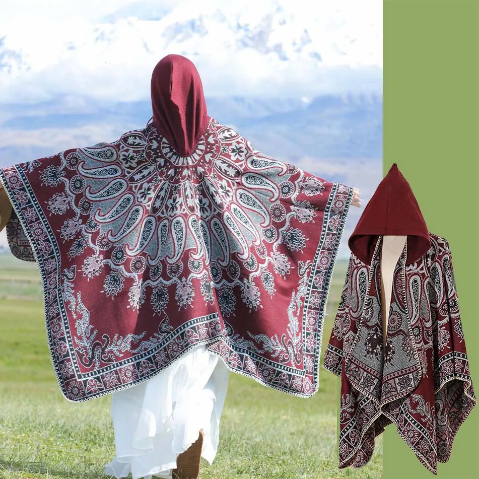 Beautiful Peacock Paisley Faux Cashmere Poncho Hooded Outerwear Fashion Ethnic Trend Autumn Winter Long Shawl Women Travel Cape