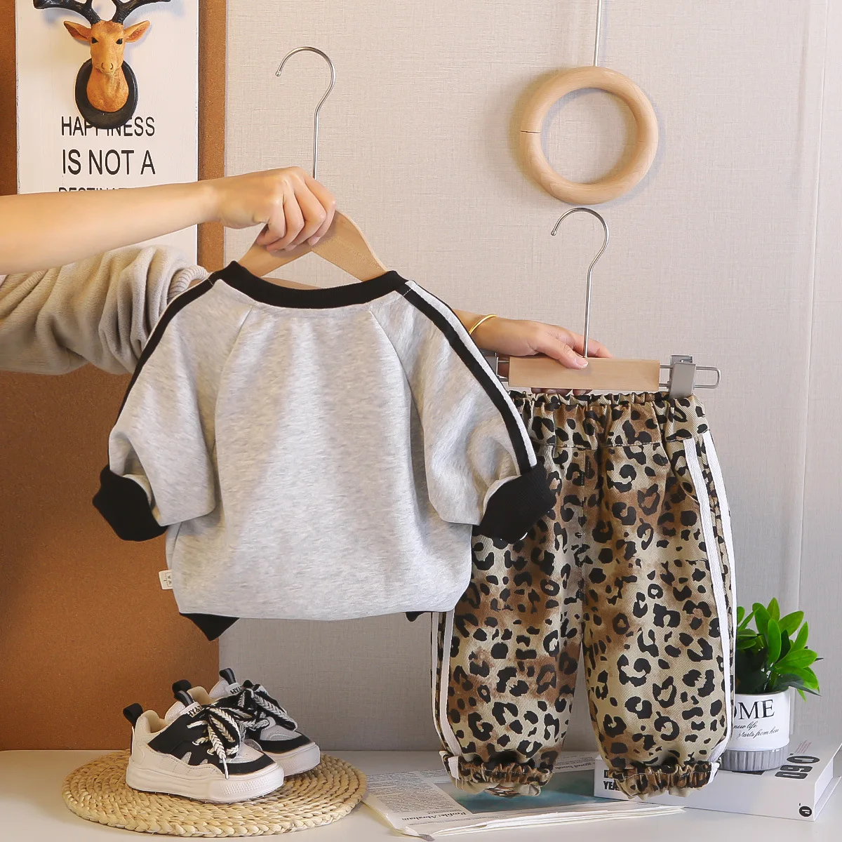 2PCS Toddler Boys 0-5 Years Leopard Print Outfit Set Color Block Sweatshirt + Jogger Pants + Fanny Pack Kids Streetwear Clothes