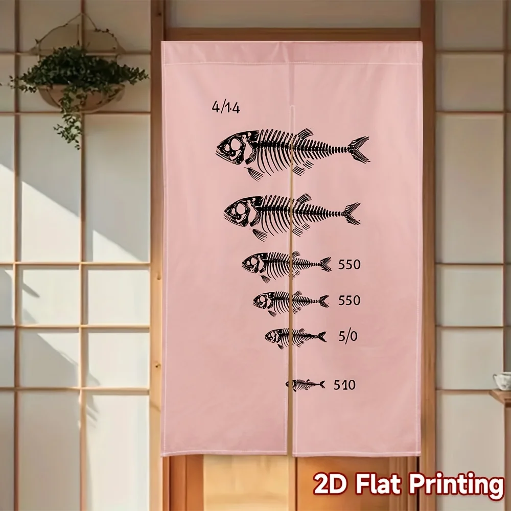 Fishbone Noren Curtain – Pink with Black Fish Scales & Numbers, Japanese Style, Easy Hang, for Bedroom or Kitchen