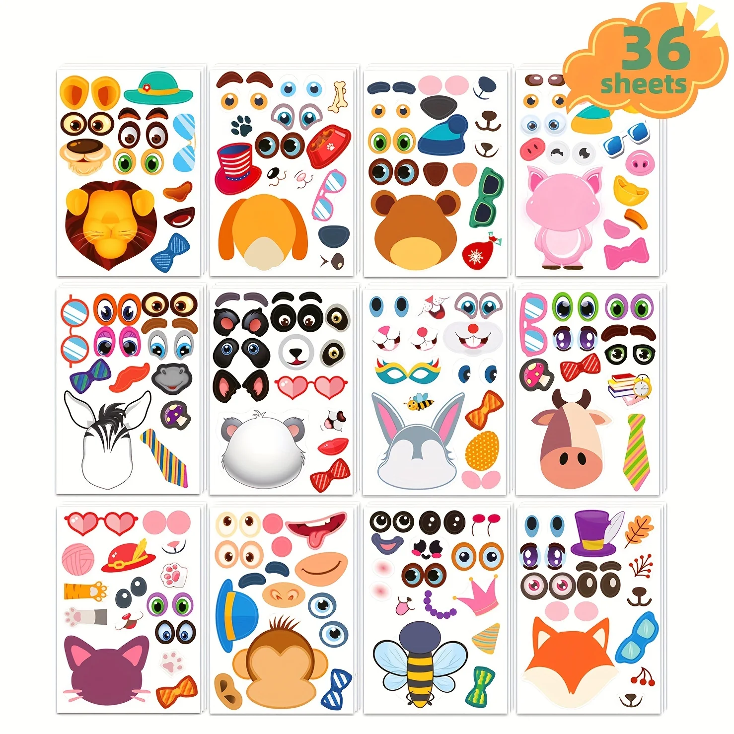 

36pcs Make Your Own Animals Stickers For Kids Toddlers ,Face Stickers ,Party Favors, Student Reward, Art Craft, Boys Girls Gifts