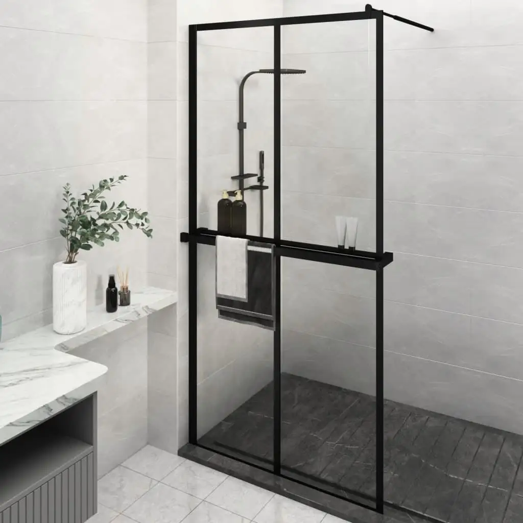 Black Walk-in Shower Wall with Shelf - 46.5x74.8 ESG Glass & Aluminum Design