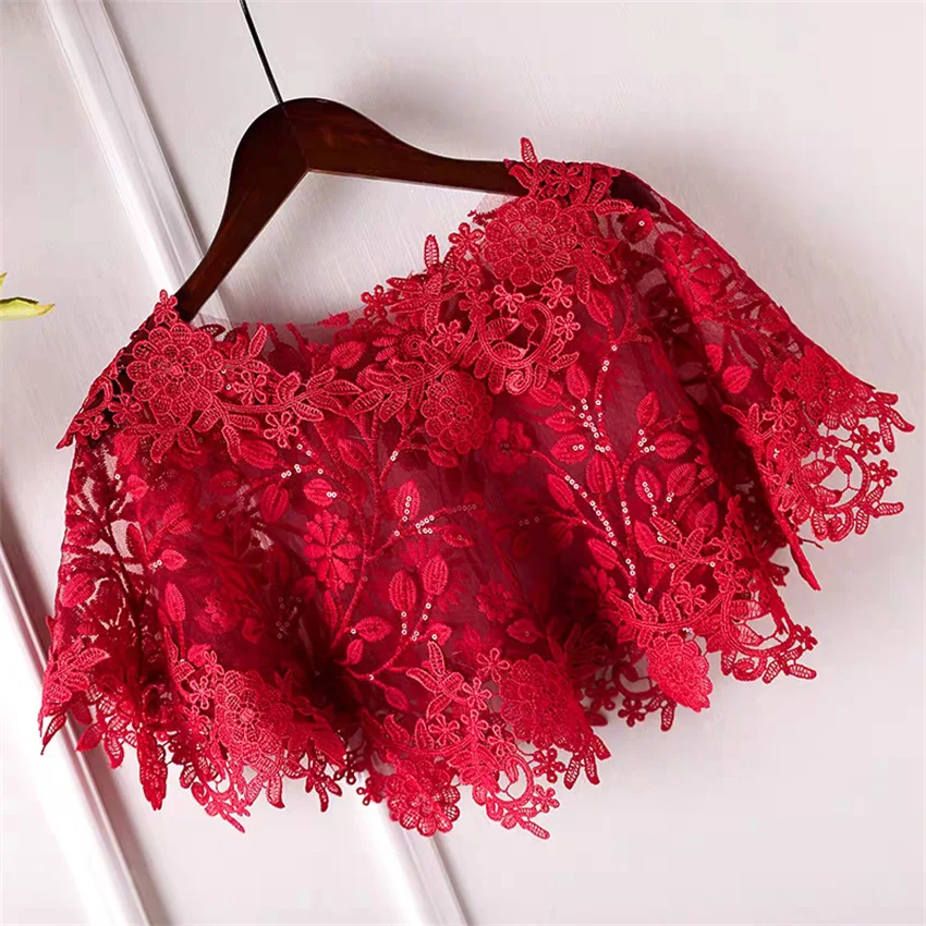 新しいエレガントな女性のレースのスパンコールショールケープブライダルワインレッドラップボレロアクセサリーコートルーズマントチョッキ結婚式トップス 2451