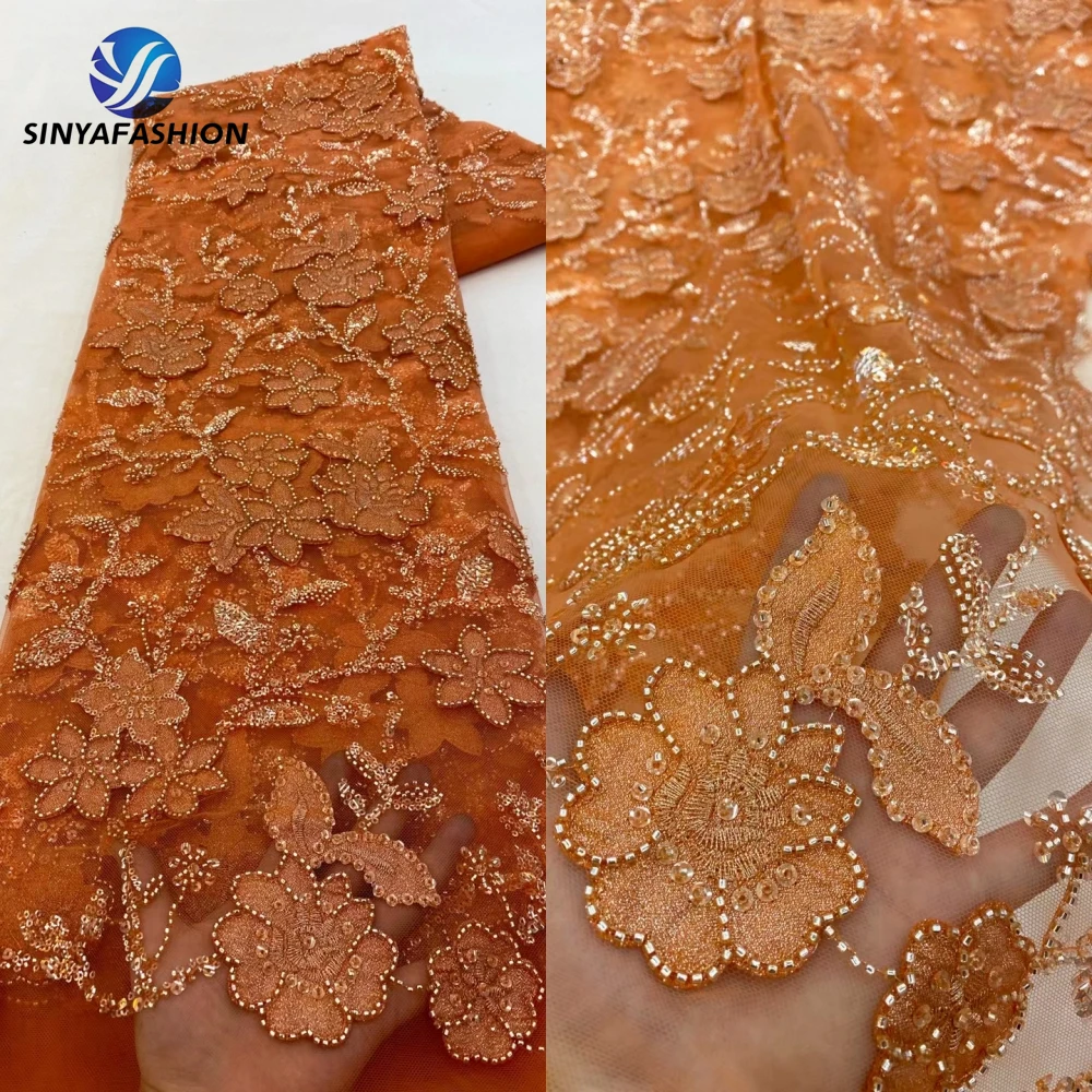 Sinya Navy Blue Sequins Beads African Nigerian Lace Fabrics 2024 High Quality Orange White Black Beaded Lace Fabrics Luxury