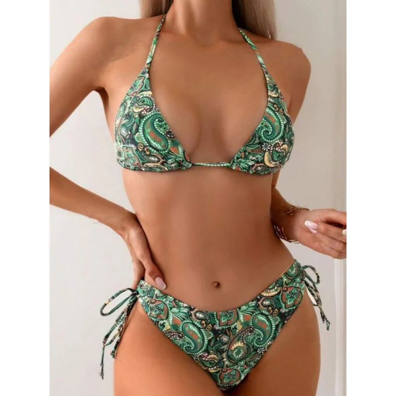 2025New Digital Printing Lace-up Halter Bikini separates SwimsuitbikiniSwimwear