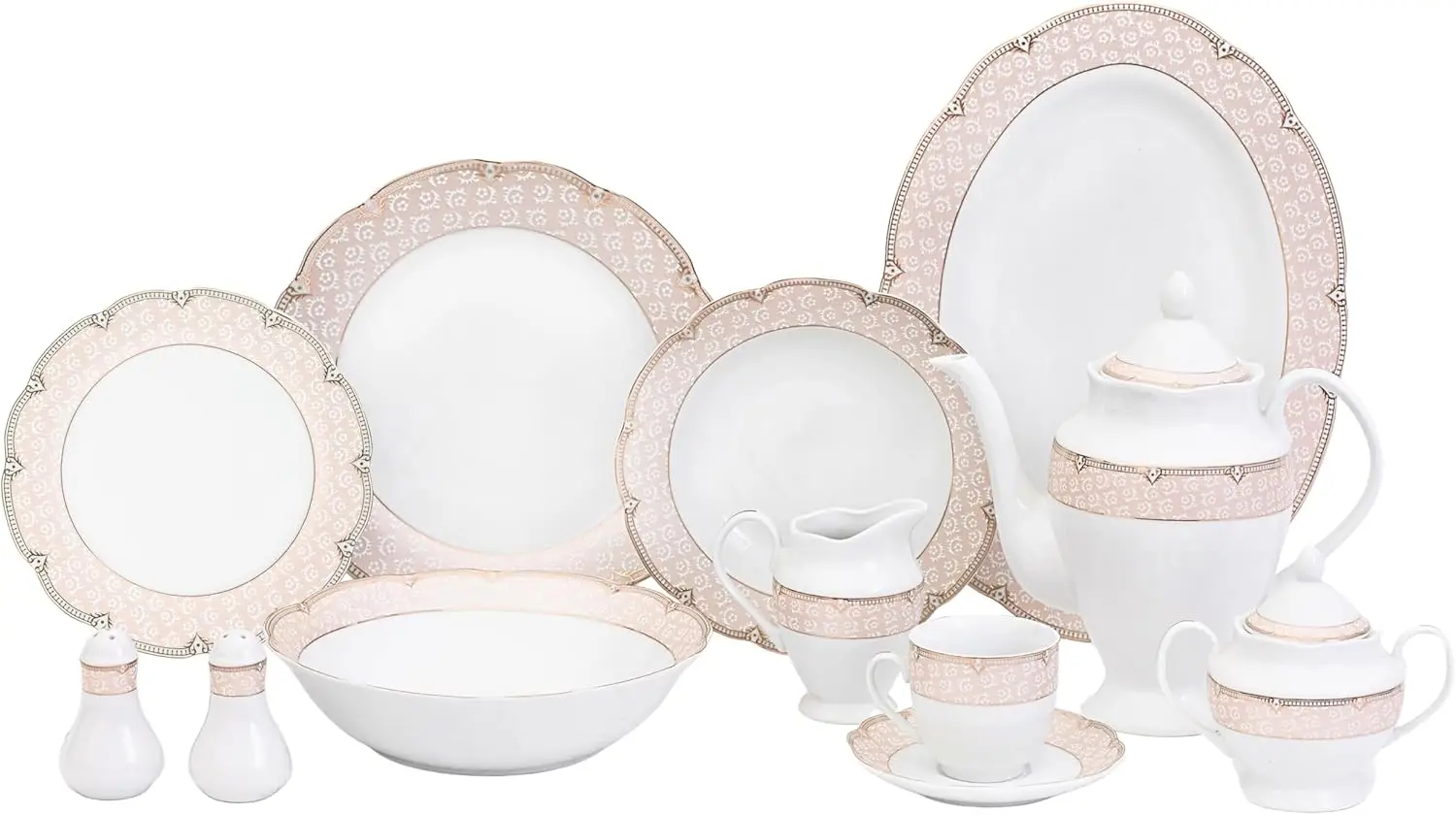 

Dinnerware Set for 8-49 Piece Vintage Porcelain Dining Set - Gorgeous White and Pink Floral Design - Plates, Bowls, Cups and Sau