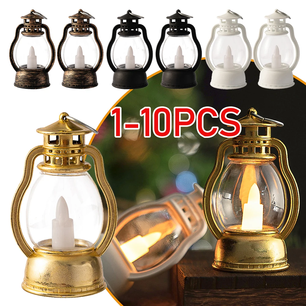 1-10PC Mini Kerosene Lantern Retro Oil Lamp Flameless LED Lamp Electronic Candle Light Dollhouse Home Decor Christmas Decoration