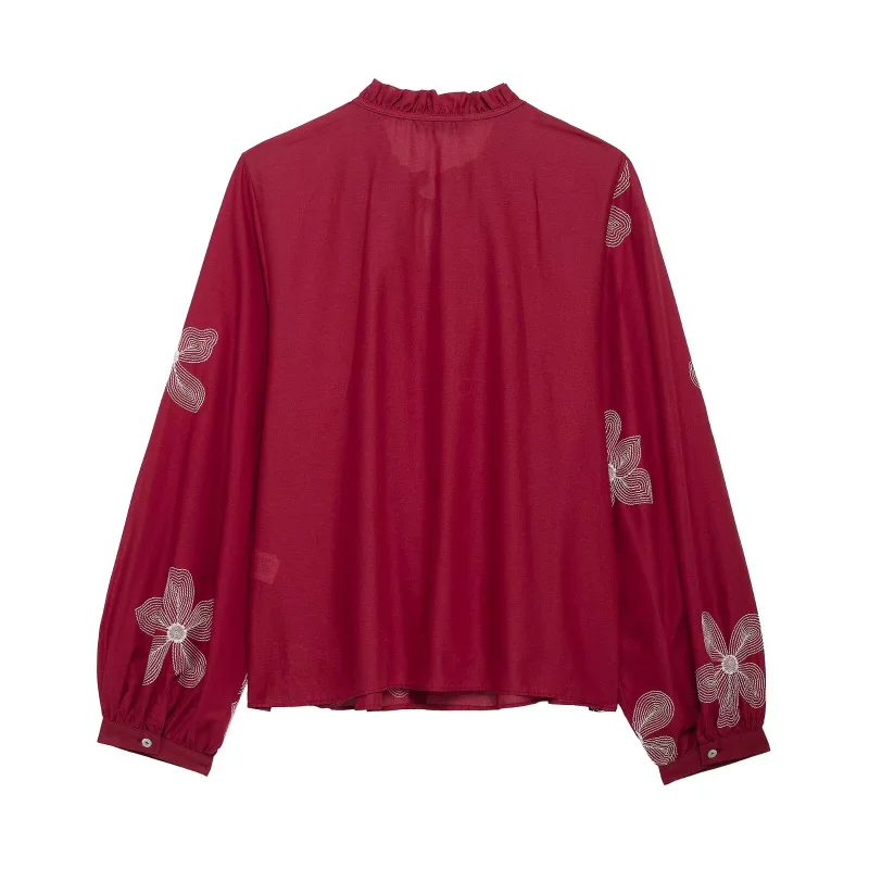 ETJ 2025 Camicia casual girocollo con lacci ricamati floreali a contrasto di nuova moda primaverile