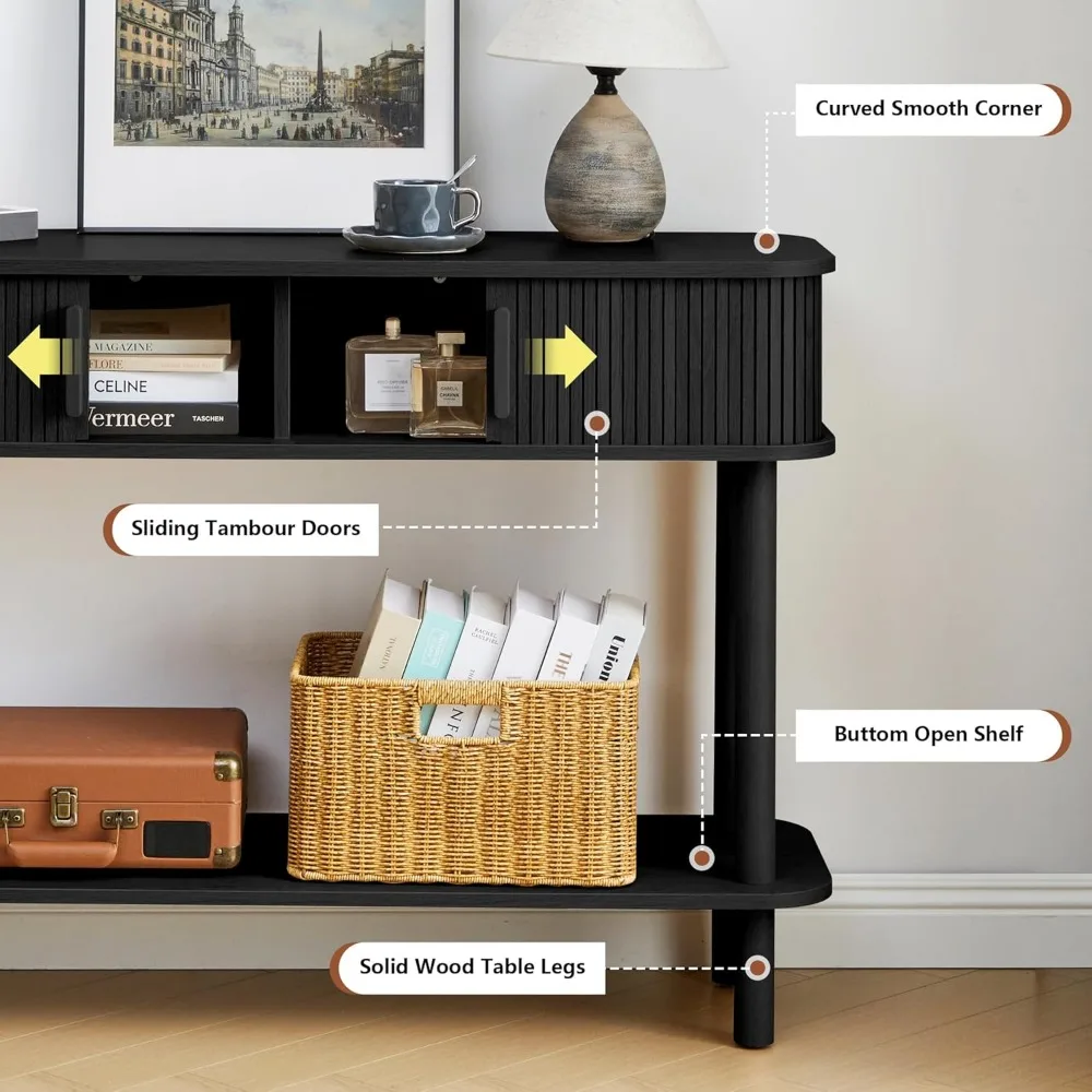 طاولة وحدة تحكم للمدخل الحديثة في منتصف القرن مع مساحة تخزين، تصميم مخدد، باب منزلق ورف مفتوح، مثالية لدعم ظهر الأريكة