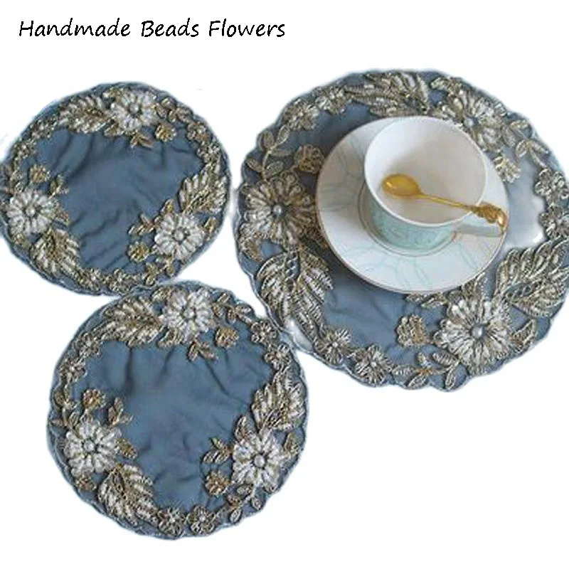 Round mesh bead embroidery placemat tea coaster kitchen Christmas flower table place mat cloth Table decoration and accessories