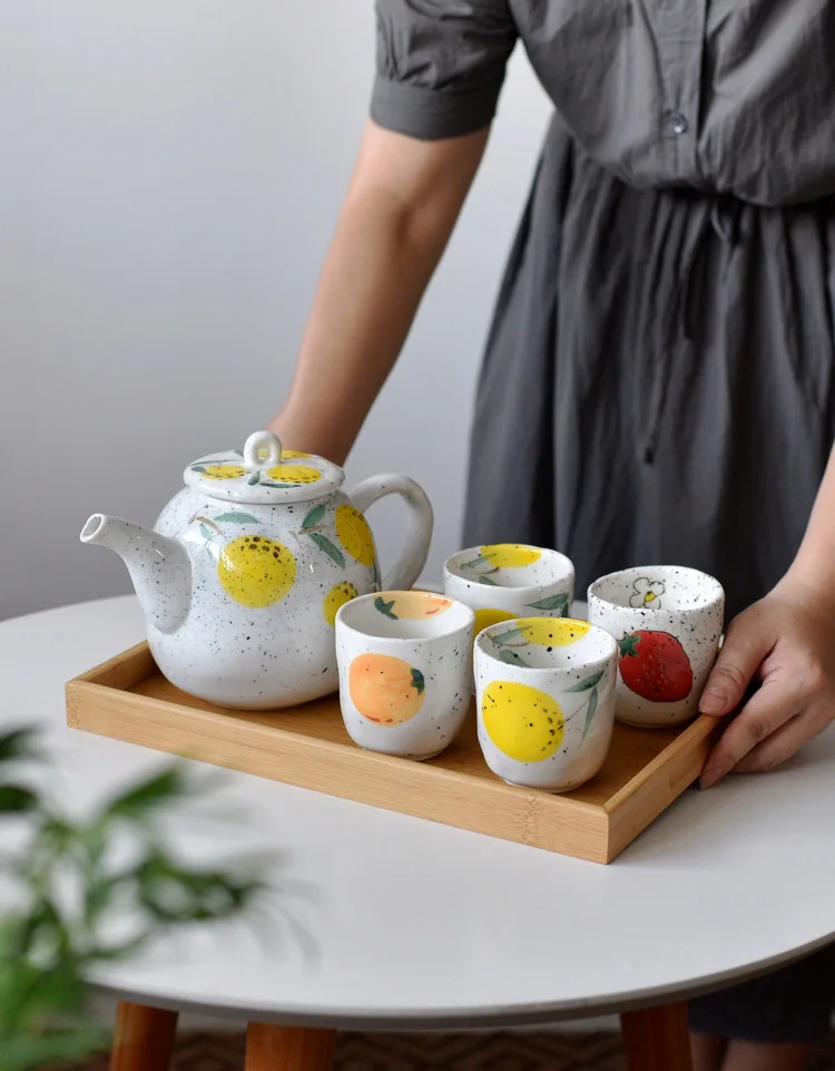 

Cute Glaze Fruit Pattern Ceramic Water Cup Hot Kettle Tea Brewing Ceramic Teapot Set Home Teacup Combination Tea