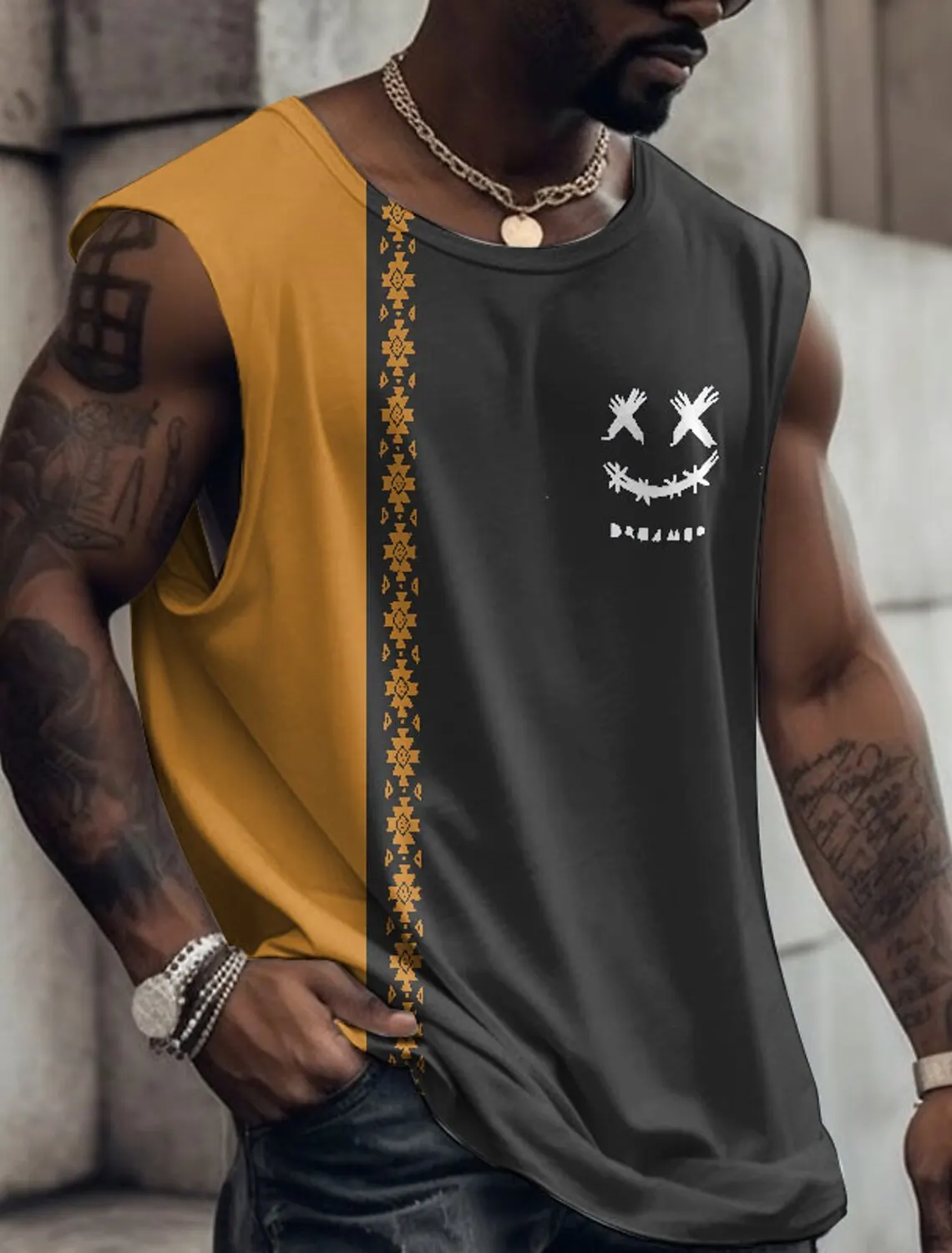 남성용 크루 넥 조끼 사이드 토템 3D 프린트 야외 거리 민소매 프린트 의류 스포츠 캐주얼 플러스 남성용 스포츠 조끼