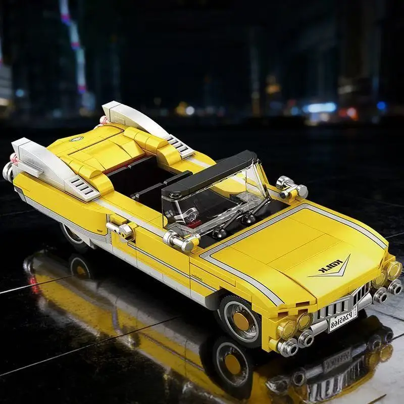 Gelbes Vintage-Cabrio-Bausatz mit Präsentationsständer, klassisches Retro-Fahrzeugmodell, sammelbare Desktop-Dekoration – Detail 2
