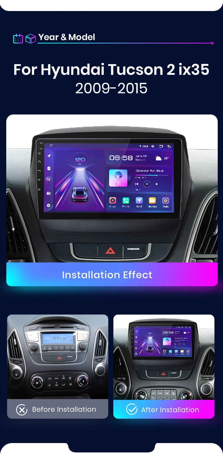 Junsun Kabelloses CarPlay Android Auto Autoradio für Hyundai Tucson 2 ix35 2009 - 2015 2 DIN Multimedia-Stereoanlage mit integriertem Lüfter GPS-Navigation SWC Bluetooth FM RDS DSP IPS-Bildschirm Auto-Intelligentes System 4G WiFi 8-Kern Plug&Play Head Unit – Detail 4
